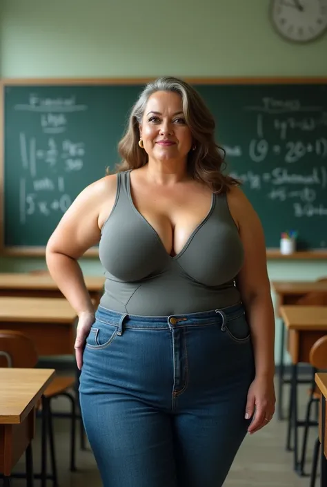 real photograph, mature older curvy mommy with huge silicon fake tits in a nylon bodysuit tucked into jeans, flat stomach, curvy hips, school math classroom