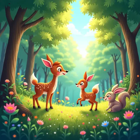 a beautiful nordic forest in summer, cartoon style, lush green forest, sunlight filtering through the trees, colorful wildflowers, cute woodland creatures, whimsical atmosphere, vibrant colors, soft lighting, highly detailed, 8k, (best quality,4k,8k,highre...