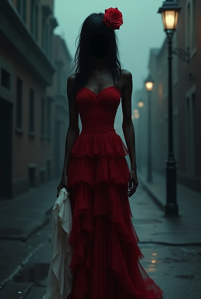 Dark Street, black woman with no features on her face, a red rose on the head, long black hair, a red strapless dress full of ruffles, holding a white cloth in his hand