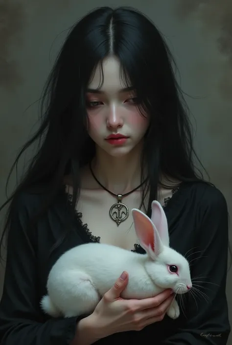 a girl, with black hair and down to below the shoulders, without bangs, sad eyes, full lips, dressed in a black blouse, a scorpio necklace and holding a white rabbit