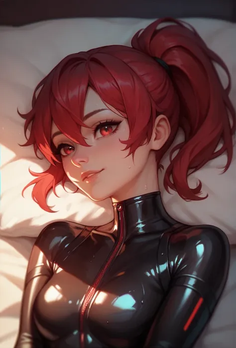 (best quality, high detailed), 1girl, black latex suit, red hair, ponytail, red eyes, cyber bodysuit, lying in bed, sweat, backl...