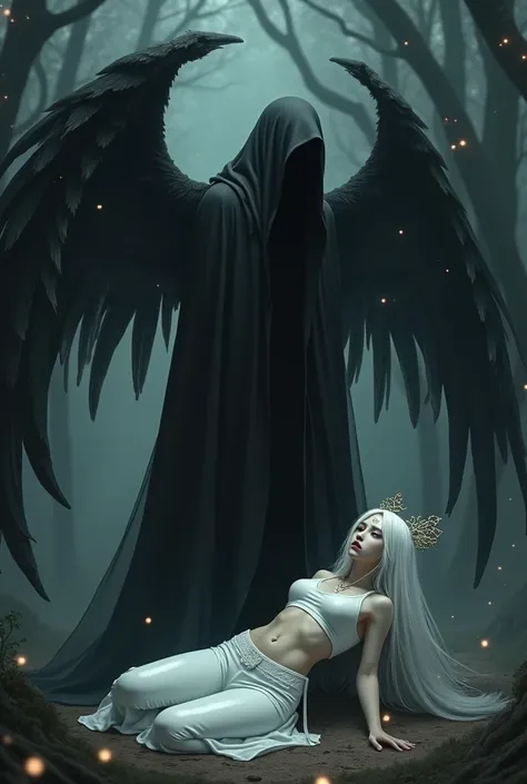 A girl covered in a black robe with big black bird wings give hungry kiss to another beautiful Chinese like girl laying on the ground with no wings and waist-length white hair tied, white crop top and white pants with ornaments hanging on the head and nose...