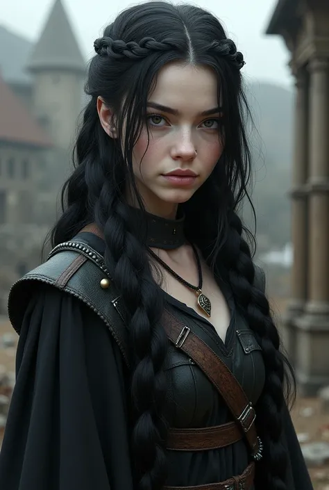 Woman, black hair, long hair, braided hair, black eyes, white skin, medieval clothes, human, based on the franchise "A Song of Ice and Fire" by writer and screenwriter George RR Martin 