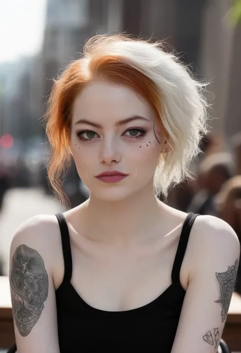 Emma Stone, Tips for the first topic are as follows： quality, 8K, 32K, On a table:1.3), ultra - detailed, (realistically:1.4), white colors, albinism, punk girl, upper part of body, redhead, Avant-garde punk fashion, Avant-garde makeup, numerous piercings,...