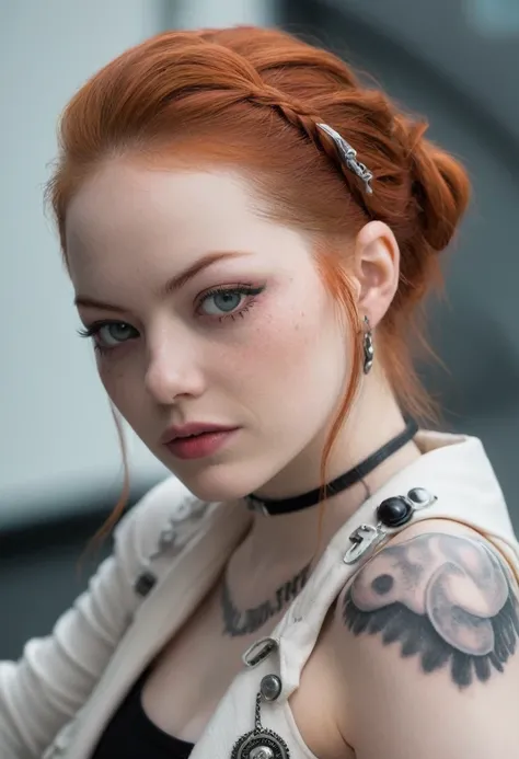 Emma Stone, Tips for the first topic are as follows： quality, 8K, 32K, On a table:1.3), ultra - detailed, (realistically:1.4), white colors, albinism, punk girl, upper part of body, redhead, Avant-garde punk fashion, Avant-garde makeup, numerous piercings,...