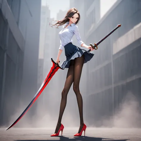 skinny skinny girl. in a shirt skirt. in pantyhose. in heels. fights with a huge two-handed sword, against demons