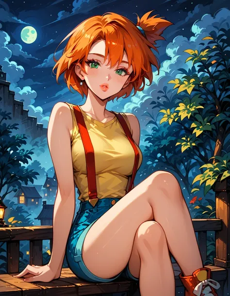 Dark Fantasy Art of score_9, score_8_up, score_7_up, rating_questionable, fantasy, lighting, epiCPhoto 1girl, mature woman, very sexy (Misty_Pokemon), (short hair, orange hair, one side up hair, green eyes, medium breasts, skinny), (yellow t-shirt, tight s...