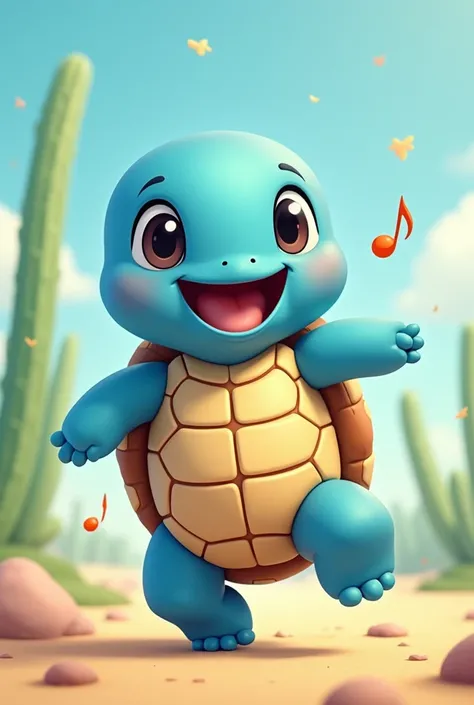 Blue turtle in cartoon standing dancing and singing
