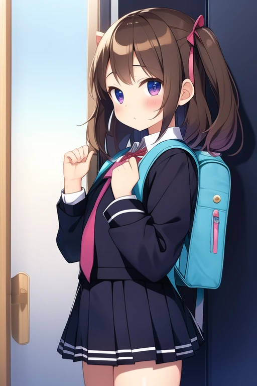   kawaii 6 years old wearing her school uniform wearing a backpack opening the door very small her body is very small small legs small hands  childish body  