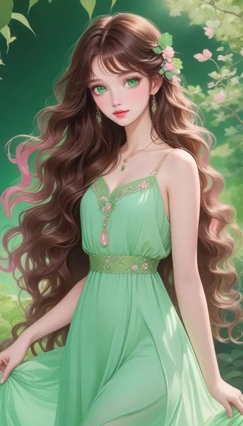 wavy long hair, brown hair, 1girl, emerald eyes, waving with two fingers, pink lips, pastel green dress,