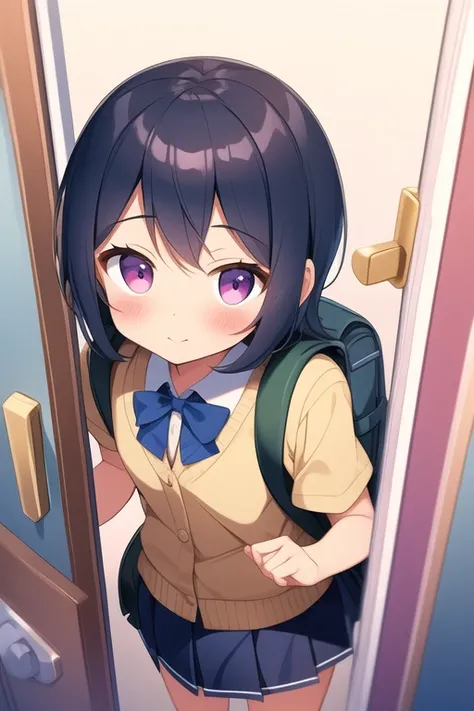   kawaii 6 years old wearing her school uniform wearing a backpack opening the door very small her body is very small small legs small hands  childish body  