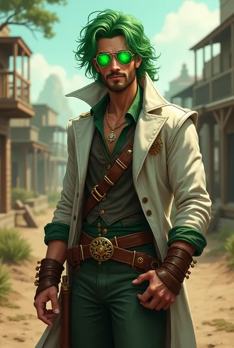 A young 1 man with a defined physique, long messy green hair, and bright green eyes. He wears Ray-Ban style sunglasses with green lenses and a gold frame, along with a light beard. The man is dressed in a white overcoat with brown details, large brown brac...