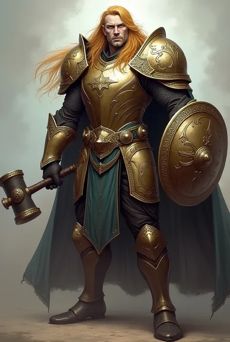 A full-body image of a tall, muscular 1 man with long, flowing golden hair. He wears full plate armor with intricate designs, his clean-shaven face glowing with confidence and youthful features. His skin has a grayish tone, and his golden eyes shine bright...