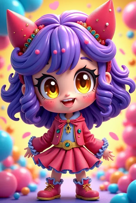 gacha, chibi, full body, purple curly hair,yellow eyes,pop girl