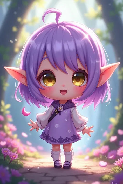 gacha, chibi, full body purple hair, yellow eyes,Elf