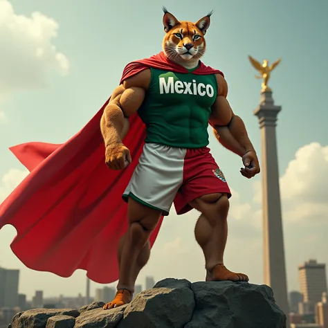 Create the image of a light brown, muscular humanoid puma wearing the Mexican national soccer team uniform and with the word MEXICO on the chest and a red cape that is flying over the monument to the revolution in Mexico City and that the image is hyper re...