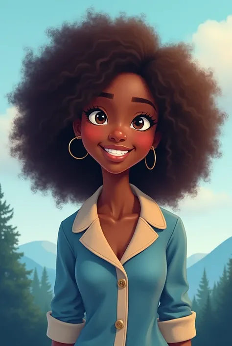 Brunette with shoulder-length afro hair 3C, that she smiles and that the background of the landscape is blue and her outfit is blue with beige, that looks beautiful and tender , cartoon 