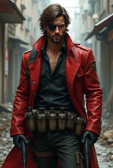 Create a character with a red coat carrying some grenades, the coat is open and inside he wears a black shirt and pants. Furthermore, he has two pistols in each holster.

He has brown hair and is deaf in one ear and blind in one eye., por isso, wears an ey...