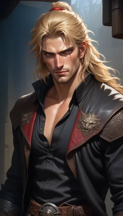 ((open mouth)), (closed eyes)) portrait, (absurd res, high res, ultra detailed), 1 male, adult, handsome, tall muscular guy, broad shoulders, blonde long hair, red eyes, finely detailed eyes, looking at viewer, solo, no background, detailed face, smirk, re...