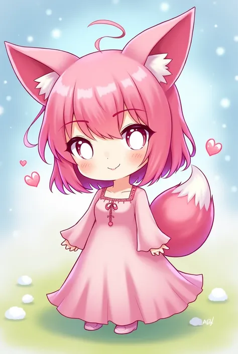 gacha, chibi,full body,pink hair, white eyes,long dress,long sleeve,fox or kitsune