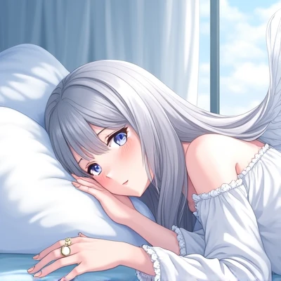 Life size,light blue,Window side,Fluffy atmosphere,High image quality,Gray Hair,long,light blueな目,With wings,It has a ring,Angel-like girl,On the bed,Lying down with a pillow 