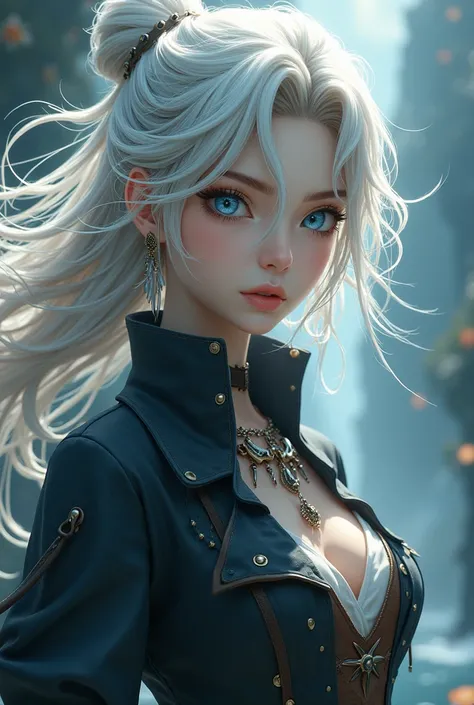 (photorealism:1.2), ash-white colored hair, hair like jeanne darc character from fate/apocrypha, flowy hair like the wind even when theres no wind, human color skin light, blue eyes, pirate anime clothes