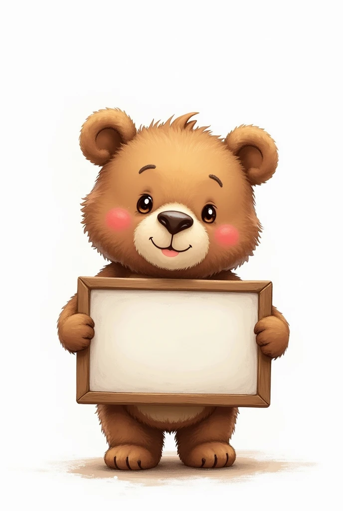 A little brown bear drawn in chalk, holding a sign with nothing written on it , with white image background