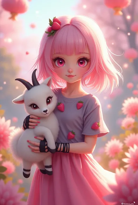 a light pink girl and her pink goat lighter than her skin with a gray purple blouse with strawberry print, hot pink eyes, black bandage glove accessory  a pink skirt and a sweet smile, world of torajo 