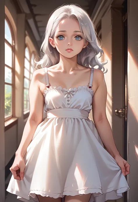 Silver haired woman in a dress, 1 woman, One, sundress, photorealistic, Realism, realistic, Human