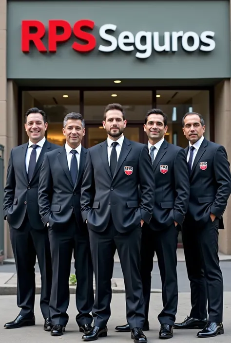 Create an image of 7 executives in uniform with a jacket that says RPS SEGUROS IN FRONT OF THE RPS INSURANCE BROKER STORE 