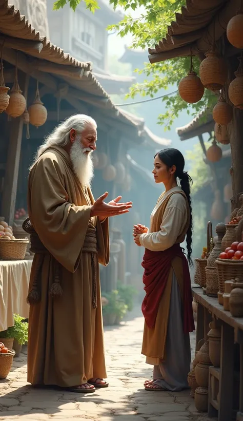 Sages Wisdom**: The sage speaking his wise words to the shopkeeper, saying "These may be useful for me, but if you used them wisely, they would benefit others and you even more!"