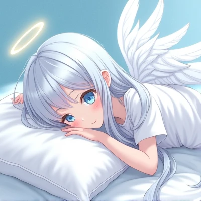 Life size,light blue,Fluffy atmosphere,High image quality,Gray Hair,long,light blueな目,With wings,An angelic girl with a halo,On the bed,Lying down with a pillow 