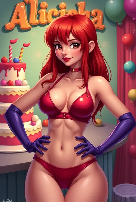 style cartoon, red hair, very straight at shoulder height. hair over one eye, dark brown eyes, small eyes, neckline, red lingerie , purple elbow gloves, high jump, red lipstick, full mouth, GARTER BELT, of coasts, hands on hips, standing, Alone, big ass, t...