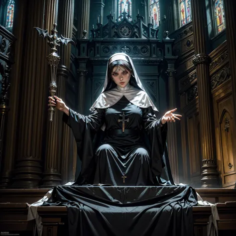 
a ghostly female sexy nun,sitting on an altar,behind her a devil,background a dilapidated and sinister church,High Resolution, Masterpiece, Accurate, Anatomically Correct, HD, High Quality, photo-realistic, clear light,8K,Perfect eyes and face,near the ca...