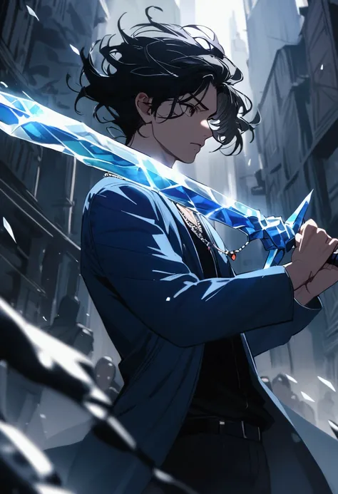 Boy with medium long black hair wearing a blue jacket and black thing underneath with a quartz necklace, holding a crystal ice sword