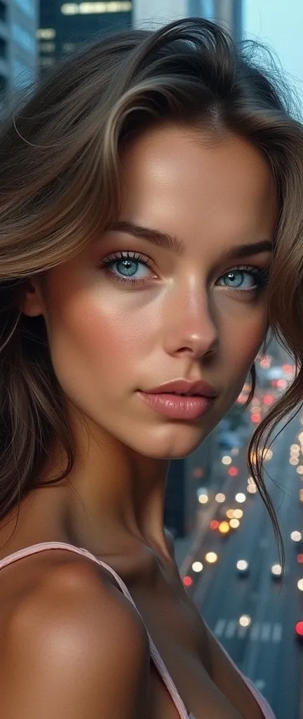 realistic beautiful woman with blue eyes in the city