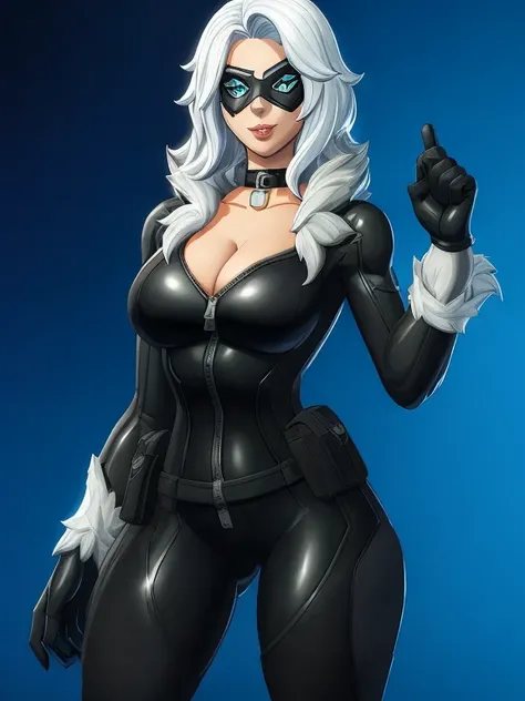 (masterpiece, best quality:1.2), 1girl, solo, Black_Cat_(Fortnite), blackcat, Black Cat, Fortnite, female, long white hair, white hair, blue irises, domino mask, bodysuit, black bodysuit, gloves, choker, white gloves, collar, fur trim, skin tight, zipper, ...