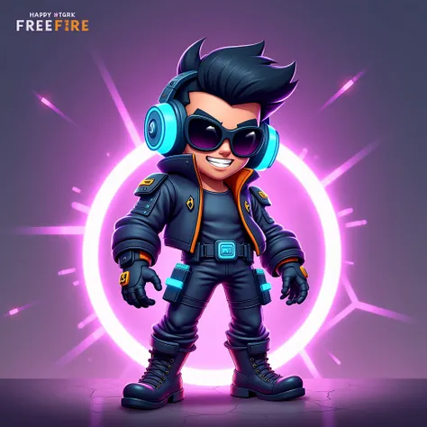 "Create a cartoon-style animation character based on DJ Alok from Garena Free Fire. He should have his iconic slicked-back black hair, sunglasses, and a confident smirk. Dress him in his signature black leather jacket with glowing neon elements, along with...