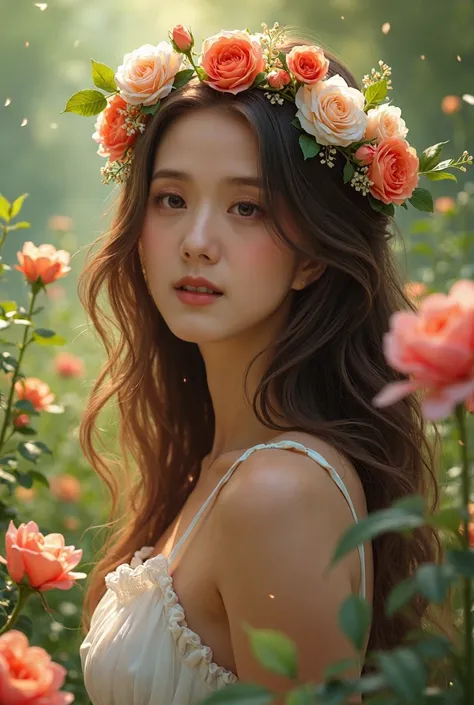 A serene young woman with long, wavy brown hair, wearing a flower crown made of roses and other blossoms. She is surrounded by blooming flowers, and the background is a lush, green natural setting with soft, diffused light. The atmosphere is peaceful, with...