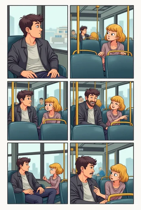 6-panel cartoon of 2 people on a bus