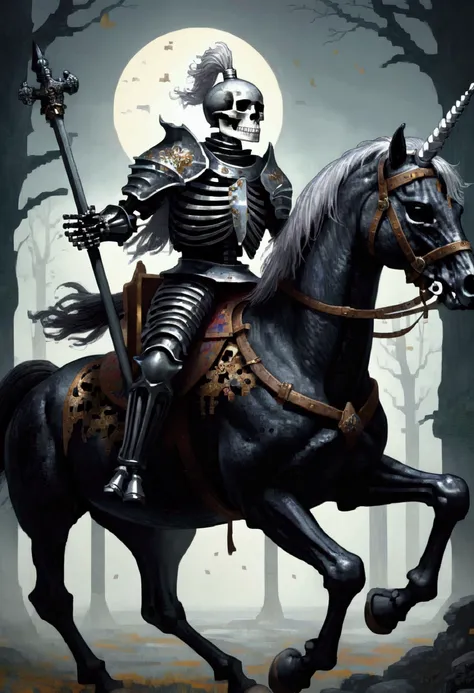 Skeleton knight riding a black unicorn