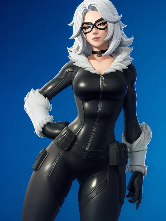 (masterpiece, best quality:1.2), 1girl, solo, Black_Cat_(Fortnite), blackcat, Black Cat, Fortnite, female, long white hair, white hair, blue irises, domino mask, bodysuit, black bodysuit, gloves, choker, white gloves, collar, fur trim, skin tight, zipper, ...