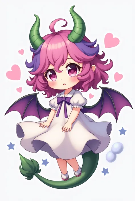 gacha, chibi, full body,pink and purple curly hair,green dragon tail and horns, white dress, purple wings 