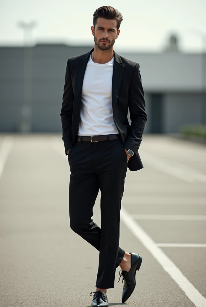 An european man in a white t-shirt, black pants, handsome, Tailor-made clothing, black evening shoes, maskuliner High-Fashion-Appeal, formal attire, Slim man with white skin, DARK hair, nice man, male proportions, beautiful and elegant, black suit pants, m...