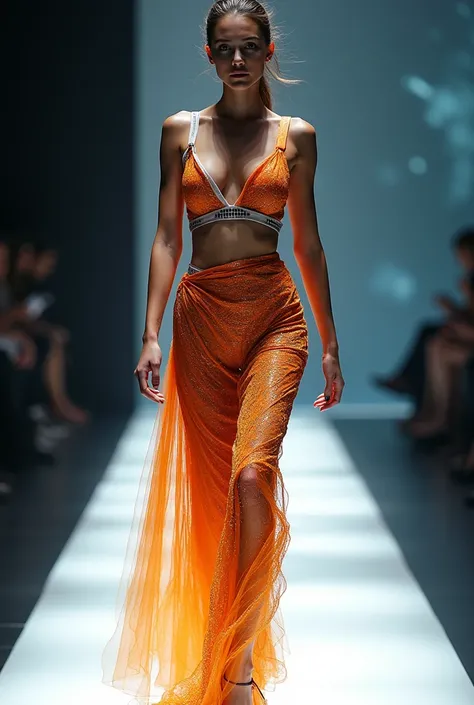 I would like an image of a modern women&#39;s outfit inspired by fire and water for a fashion show runway..