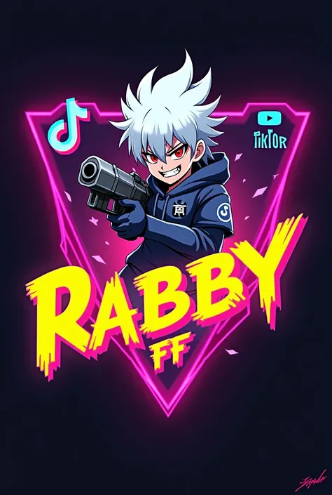 This is a gaming logo that features the name " GAMER RABBY FF" in a futuristic font and a neon yellow color. And her face colour white and hair colour white. and this character is boy and Boy Anime gaming, and this characterin evil smiling. and character e...