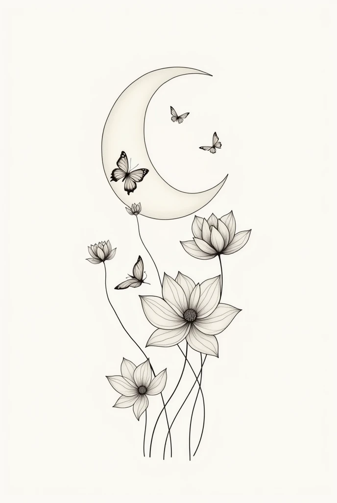 Minimalist style tattoo drawing inspired by a waning moon with lotus flowers and butterflies