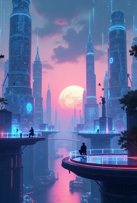 A futuristic cityscape representing the digital world of entrepreneurship, with towering skyscrapers made of holographic data streams and glowing digital code. Entrepreneurs, both human and AI-like, work on floating platforms surrounded by virtual reality ...