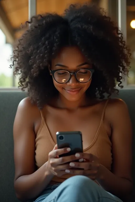 A curly black woman with glasses reading on her cell phone during the explanation 