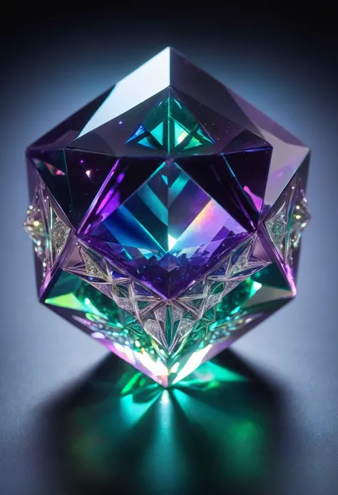 An iridescent, crystalline polyhedron artifact, small enough to fit in a hand, exudes an otherworldly essence, radiating an soft, ethereal glow that hints at eldritch secrets, its Lovecraftian aura whispering tales of ancient, forgotten knowledge. The mesm...